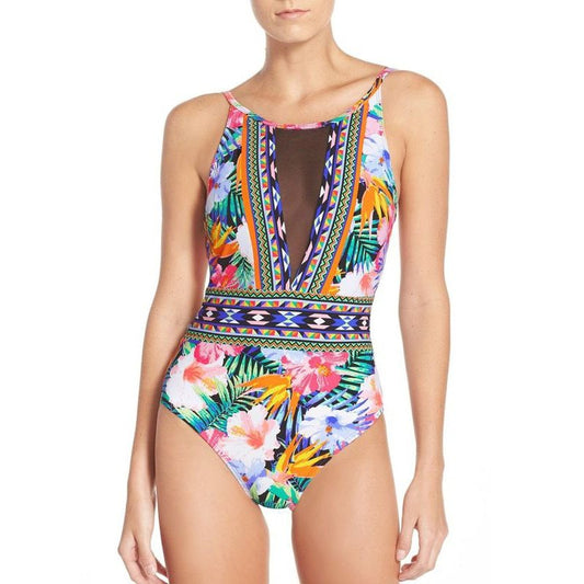 Maillot de bain une pièce en maille, Sexy, coupe haute, motif Floral, Patchwork, Bikini, maillots de bain femmes 