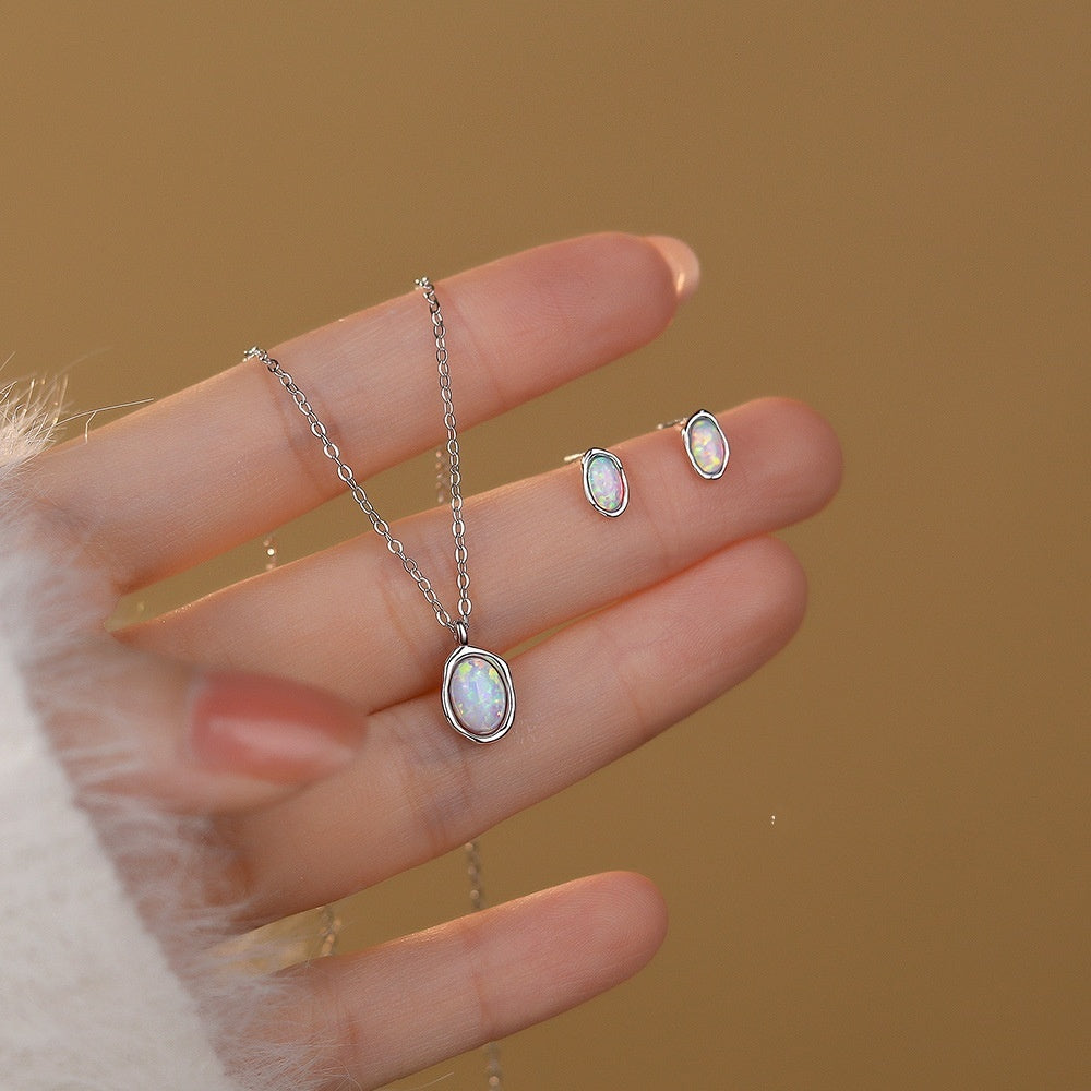 S925 Sterling Silver Synthetic Opal Stone Simple All-match Necklace For Women