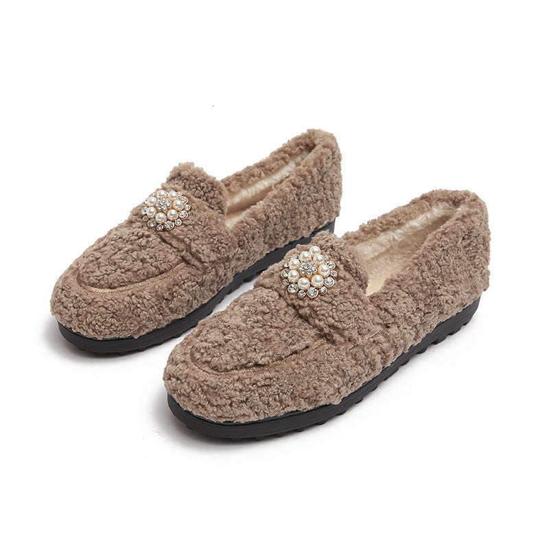 Zapatos al aire libre para mujer, otoño e invierno, lana de cordero, parte inferior plana, sin cordones, parte inferior gruesa, talla grande