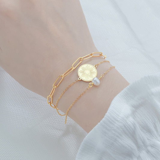 Bracelet en titane et acier, or 18 carats, trois couches, motif foncé, perles rondes, ornement