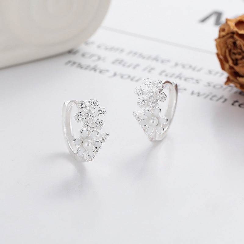 S925 Sterling Silver Artistic Pearl Stitching Snowflake Inlaid Zircon Trendy Earrings