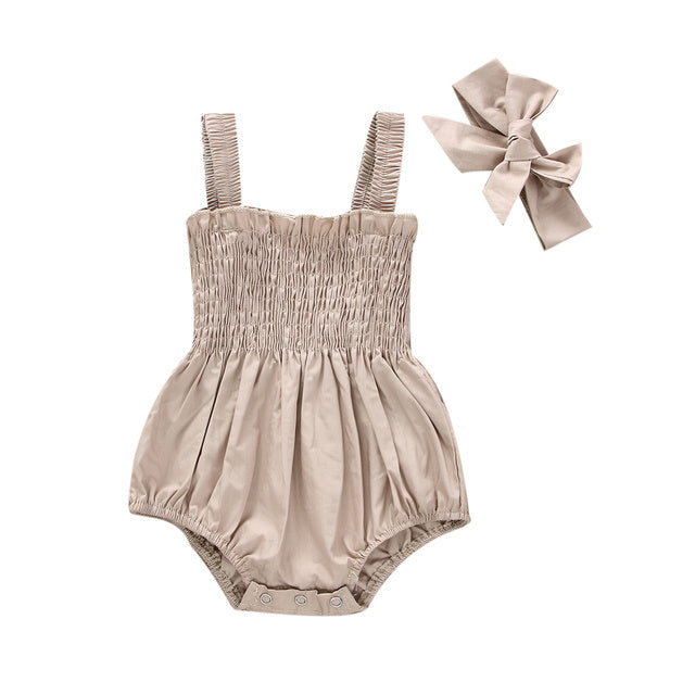 Combinaison d'été pour bébé fille, tenue froncée de couleur unie