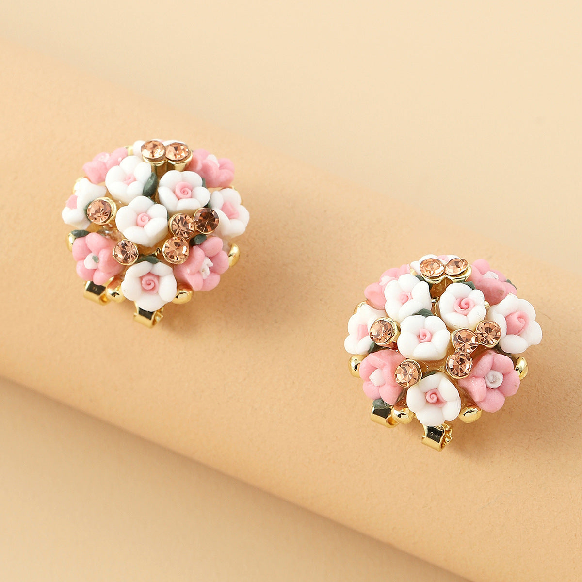 Romantic Ceramic Flower Rose Diamond Metal Alloy Earrings