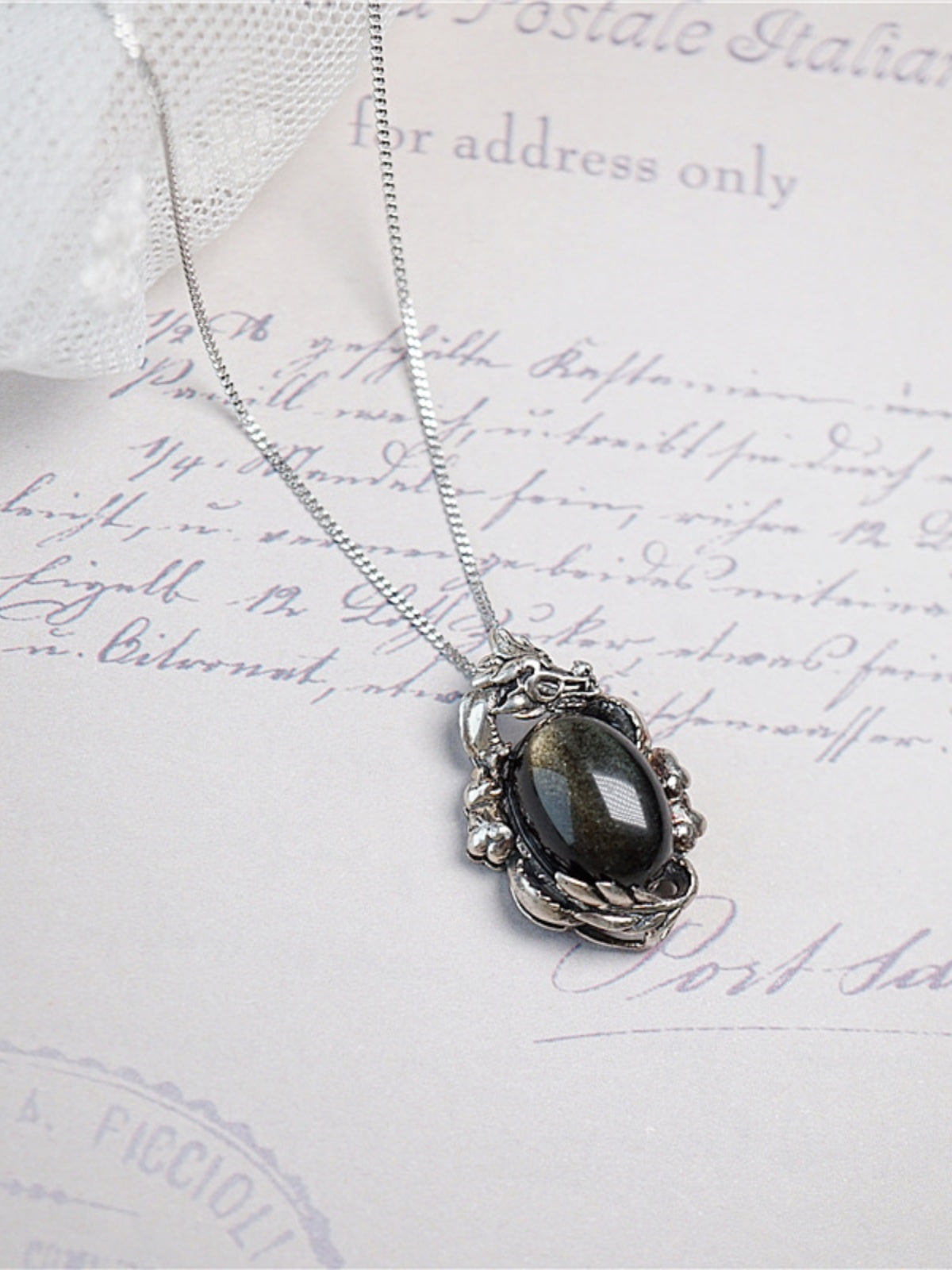 925 Thai Silver Natural Obsidian Pendant Necklace
