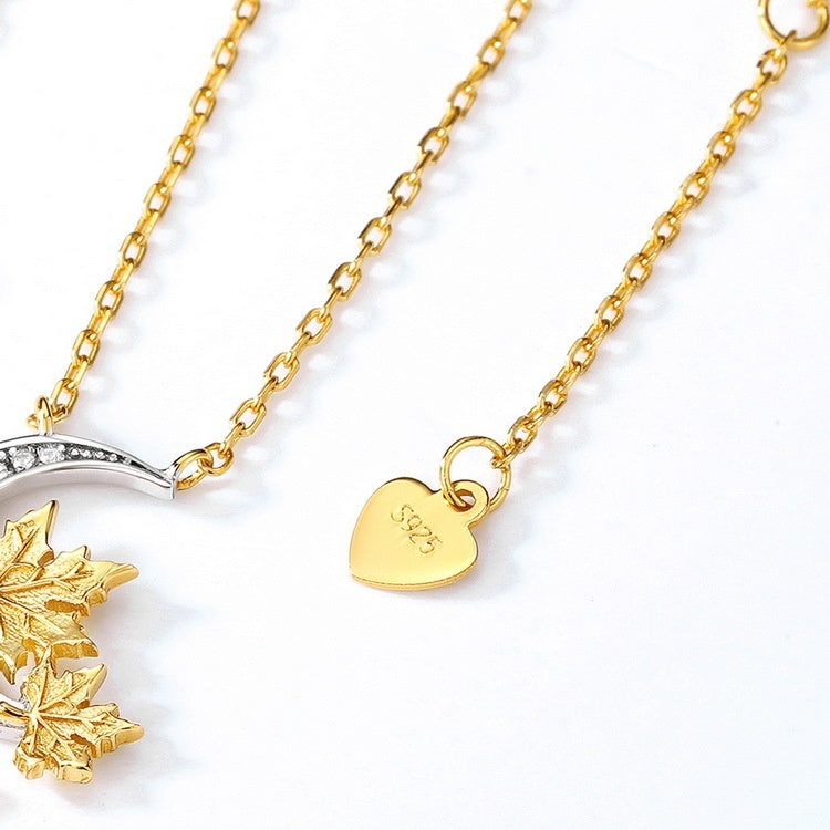 Autumn Winter Japanese And Korean Maple Leaf White Zirconium 925 Silver Necklace Women's