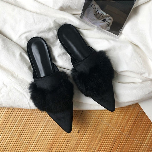 Demi-pantoufles à bout fermé en fourrure de vison pointue pour femmes, vêtements d'extérieur tendance