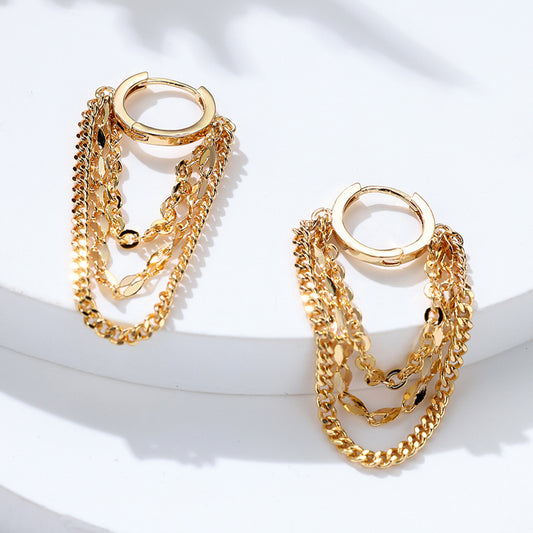 Pendientes de cadena con borlas doradas, anillo redondo de moda de alto perfil