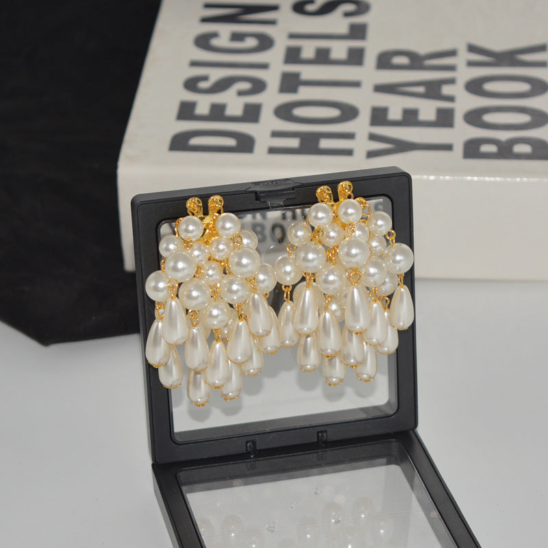 Grandes boucles d'oreilles vintage à profil élevé, pendentif à pampilles en perles
