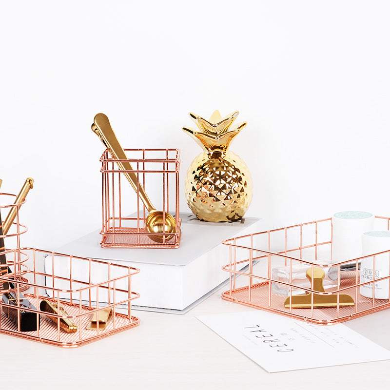 Iron rose gold square round pen holder sundry desktop