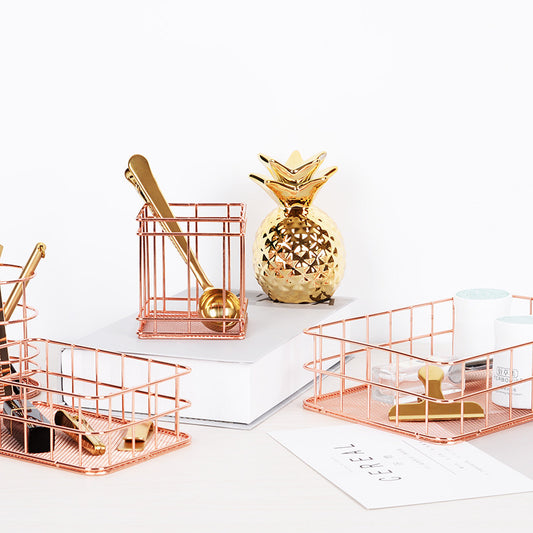 Portalápices redondo cuadrado de oro rosa de hierro, varios escritorios