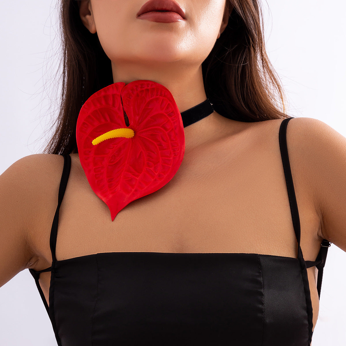 Flower Choker Fabric Flannel Handmade Collar Exaggerated Red Big Leaf Necklace
