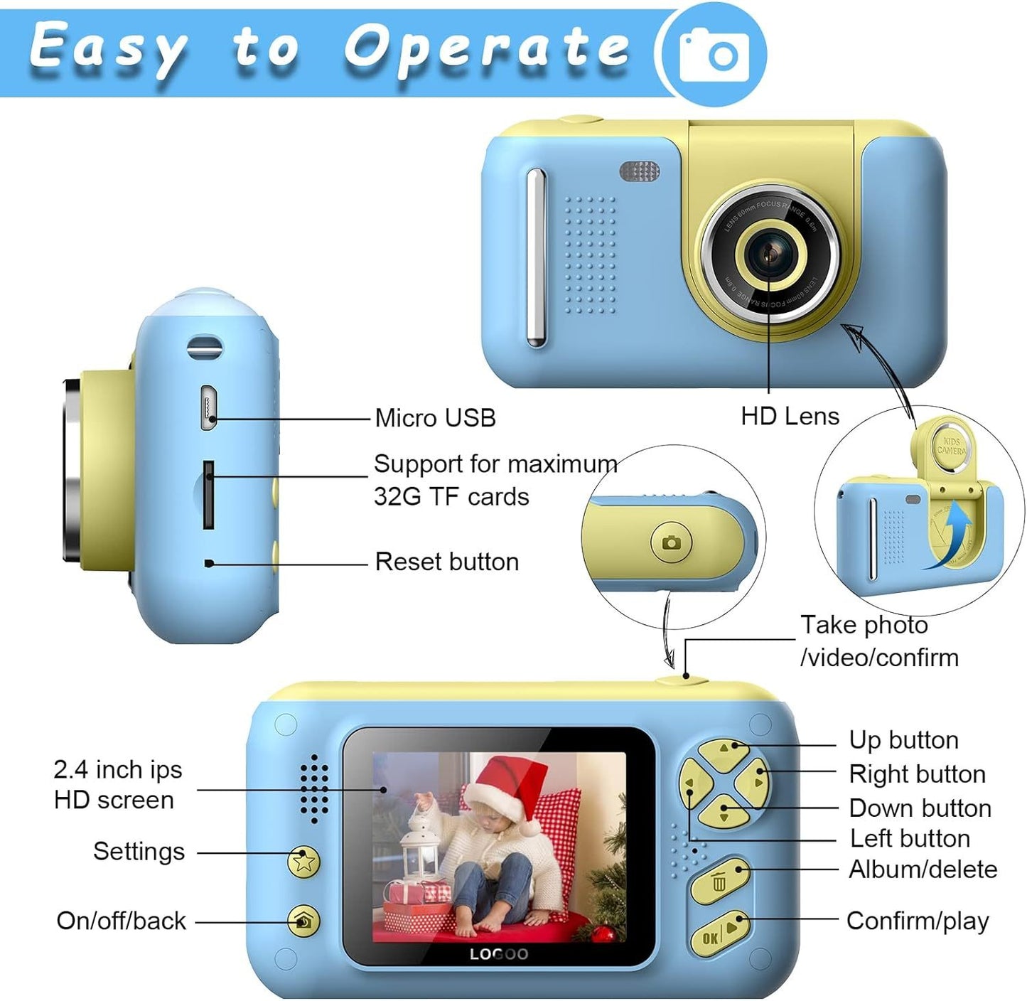 Cámara para niños, cámara selfie digital para niños de 3 a 12 años con resolución fotográfica de 20 MP, cámara de vídeo HD 1080P con tarjeta SD de 32 GB y palo selfie