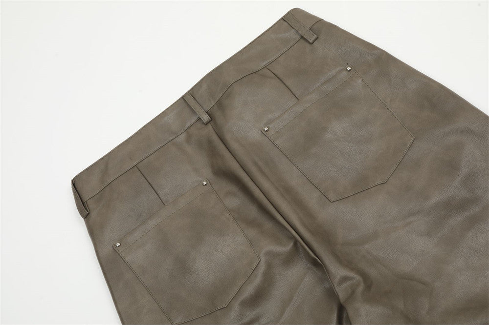 Men's PU Leather Loose Straight Split Stitching Wide-leg Casual Pants