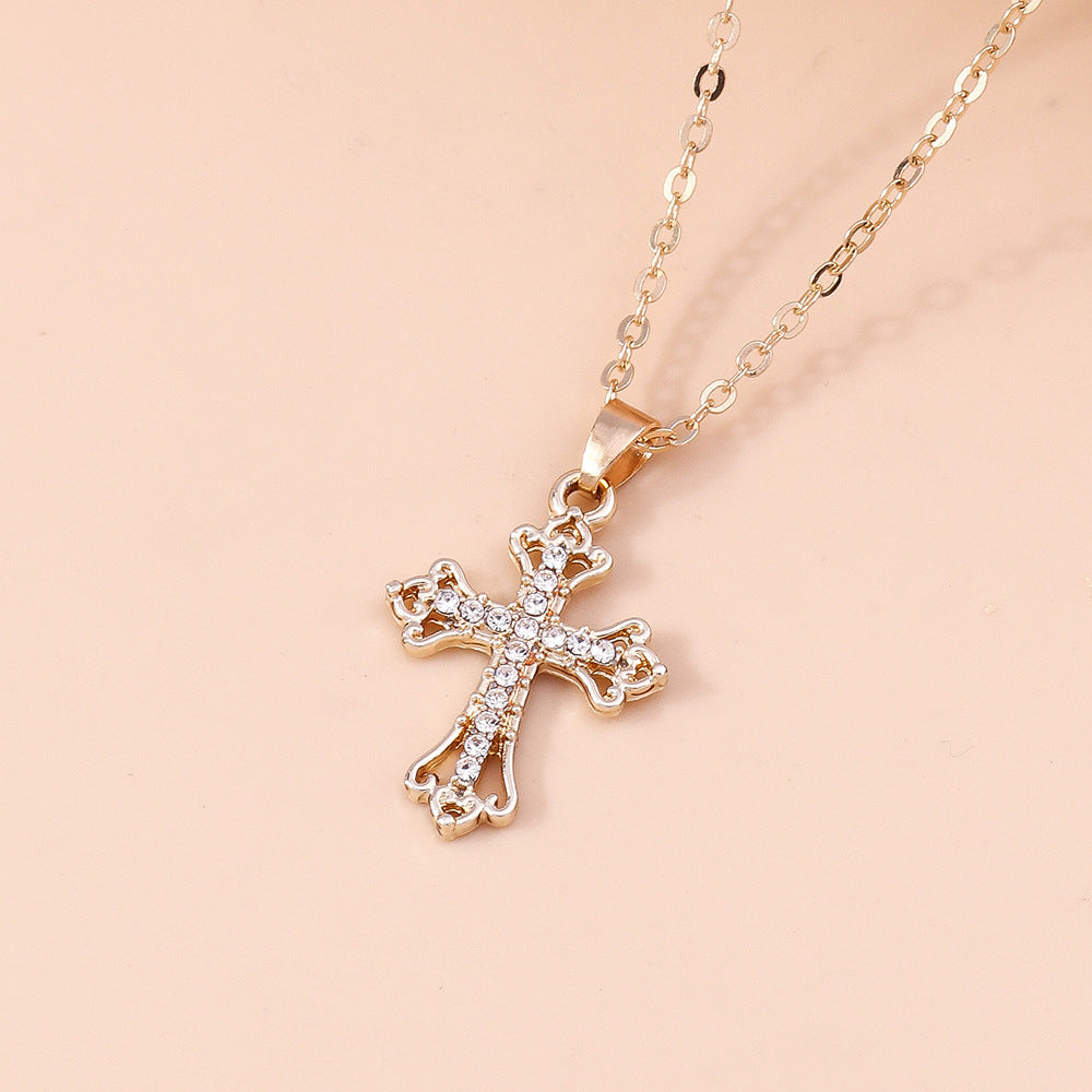 Fashion Simple Women's Diamond Spot Drill Hollow Cross Sweater Chain Necklace