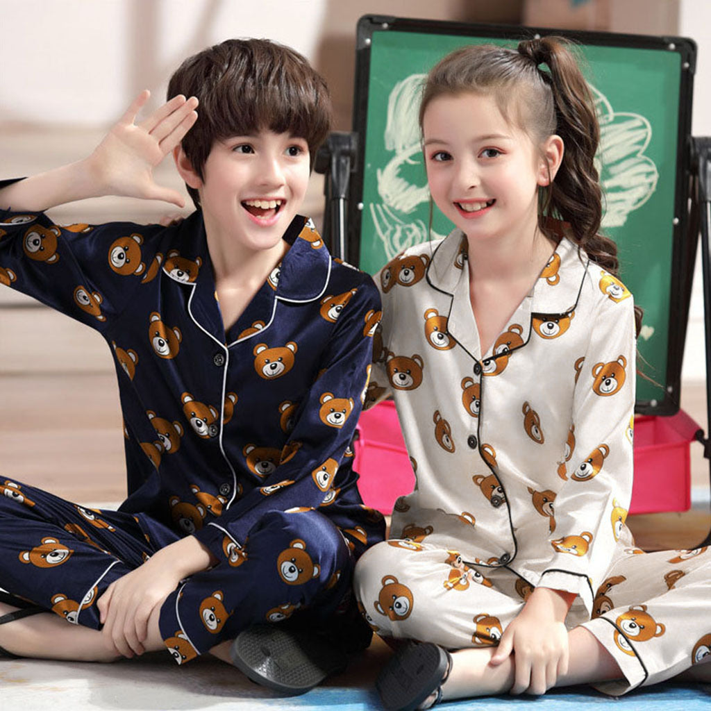 Conjunto de pijama de manga larga con osito de seda helada para niños y niñas