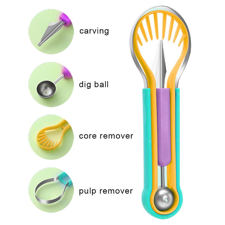 Ensemble d'outils professionnels de sculpture de fruits de coupe-pastèque en acier inoxydable 4 en 1, couteau à pastèque pour enlever les graines de fruits, couteau à pastèque pour séparateur de pulpe, trancheuse de fruits, ensemble de cuillères à melon