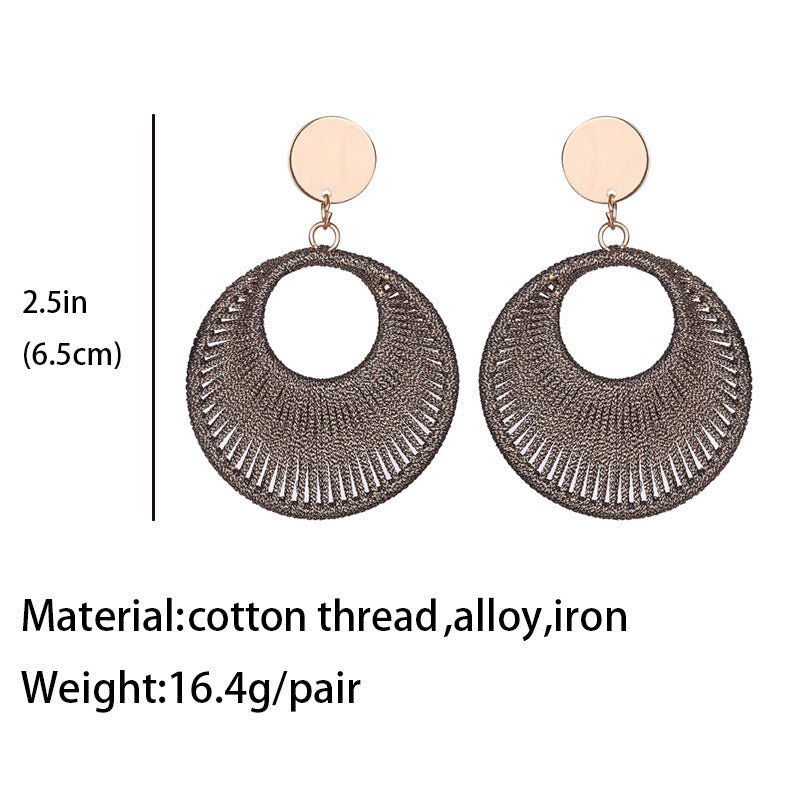 Boucles d'oreilles géométriques Vintage en fil de coton enroulé en fil de soie, simplicité et tempérament exagéré, faites à la main