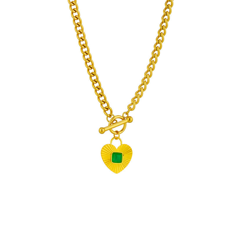 European And American Retro Personality OT Buckle Heart-shaped Inlaid Green Stripe Pendant Love Titanium Steel Metal Ornament Necklace