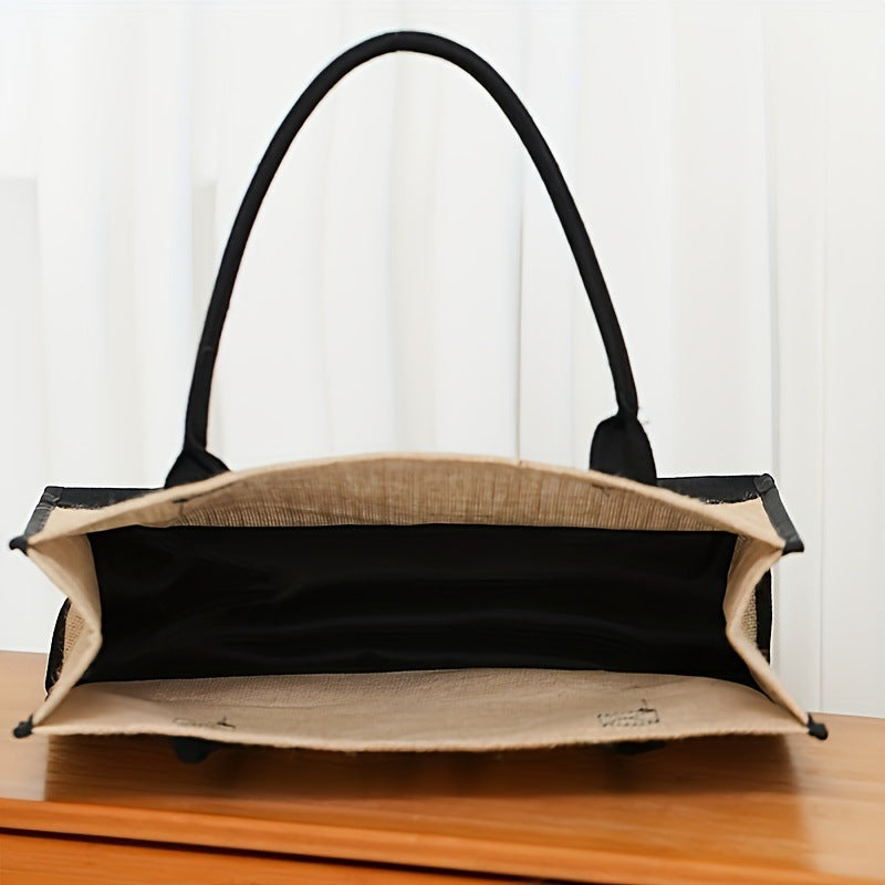 Bolso de compras de lino de yute con letra inicial de impresión portátil de gran capacidad