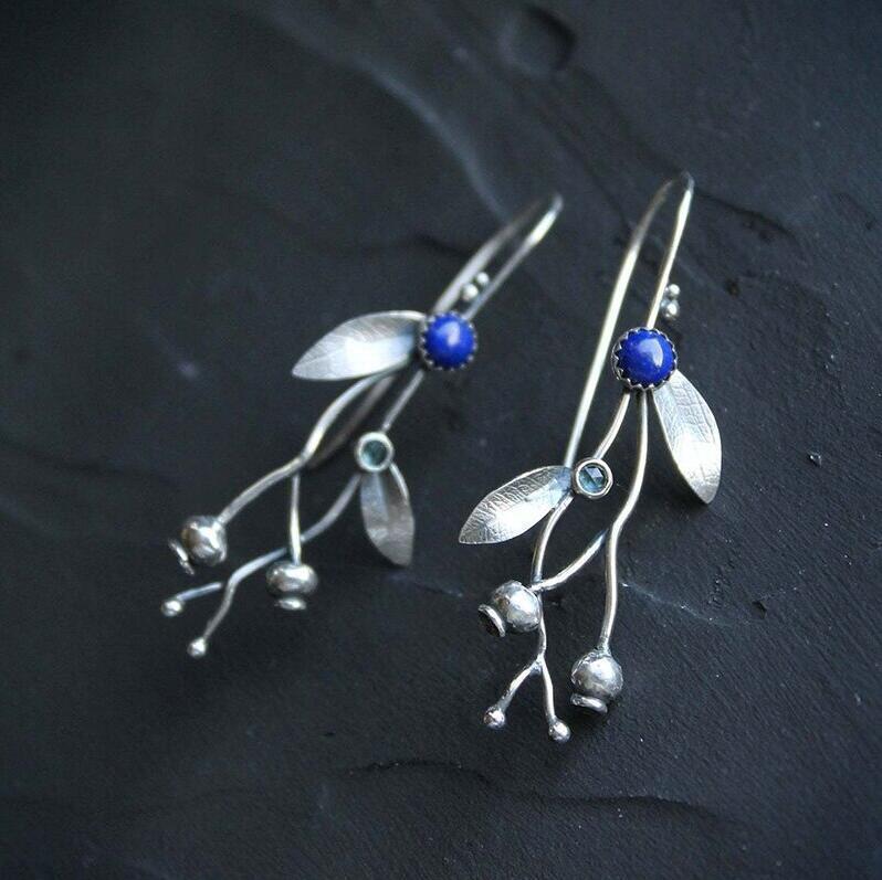Boucles d'oreilles Vintage Branches de vigne, feuilles simples européennes et américaines, perles en pierre bleue, crochets d'oreille