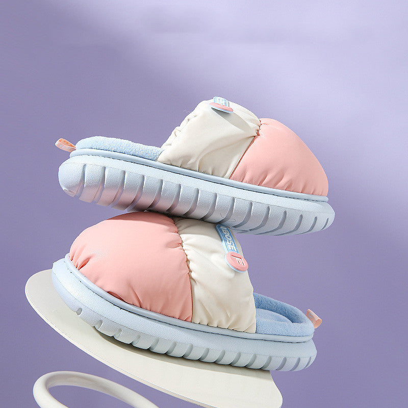 Pantoufles en coton de couleurs mélangées, chaussures d'hiver chaudes d'intérieur antidérapantes pour Couple, chaussures de maison à semelles épaisses pour femmes, pantoufles de maison floues à la mode