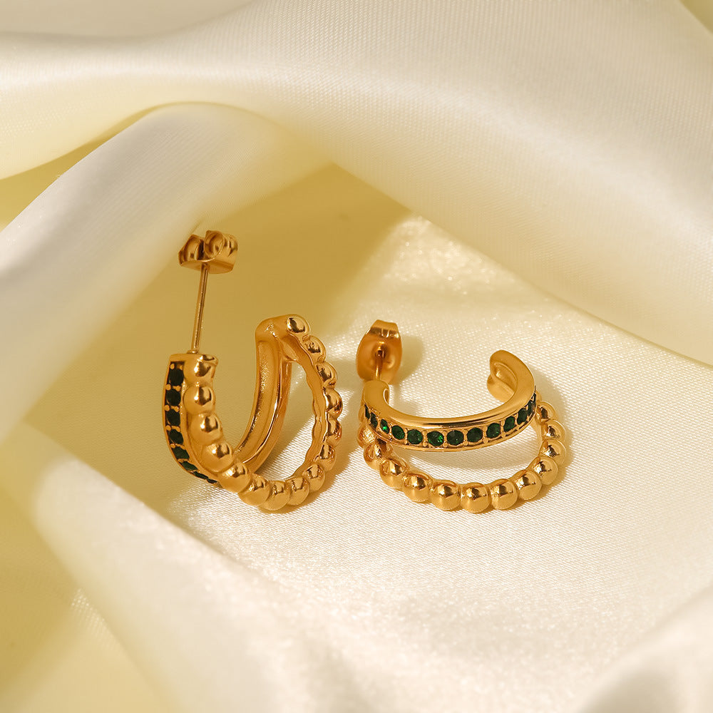 Boucles d'oreilles Lvzuan polyvalentes en forme de C, double couche, incrustées de boules dorées