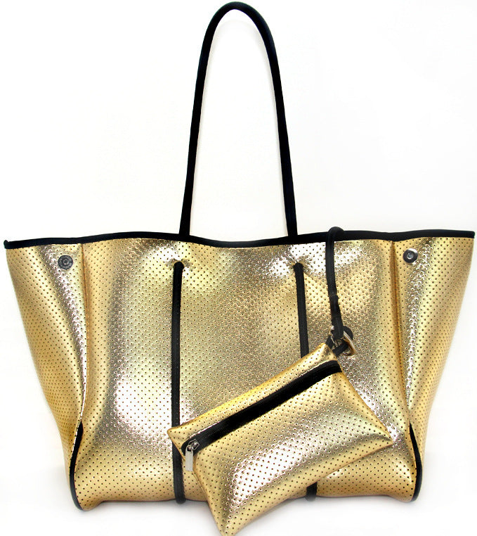 Bolso de playa portátil negro impreso con estampado de leopardo, viaje de ocio