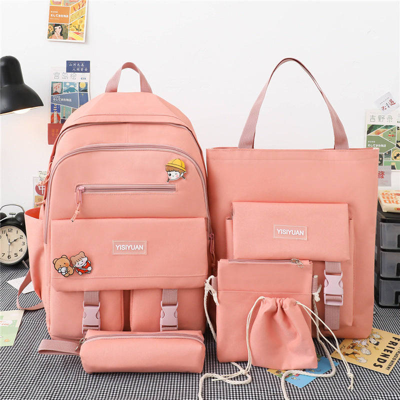 Sac à dos en nylon haute capacité pour collégiens, ensemble de cinq pièces