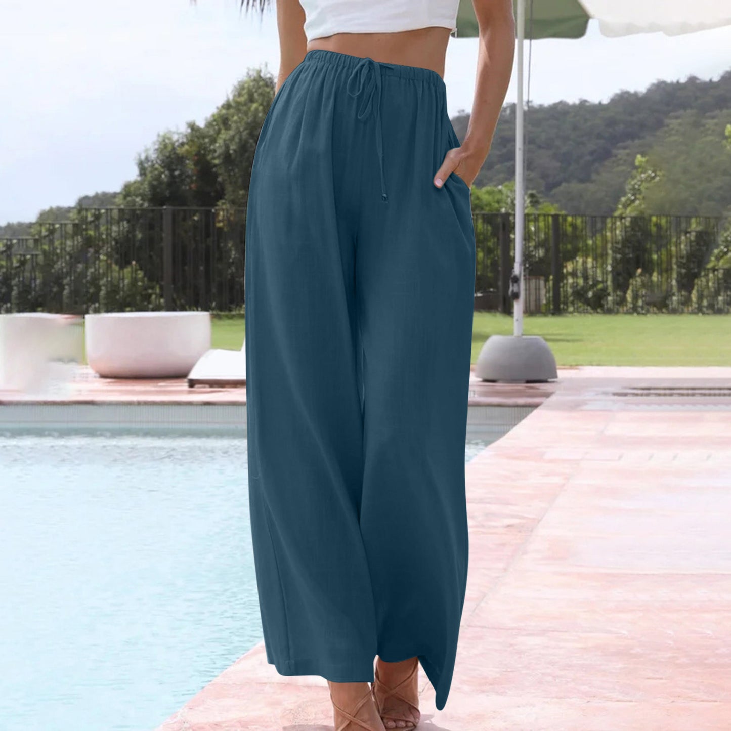 Spring And Summer Cotton And Linen Drawstring Casual Women's Wide-leg Trousers