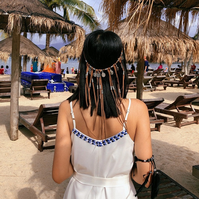 Hippie Daim Coin Bohème Perlé Gland Collier Bande De Cheveux À Double Usage