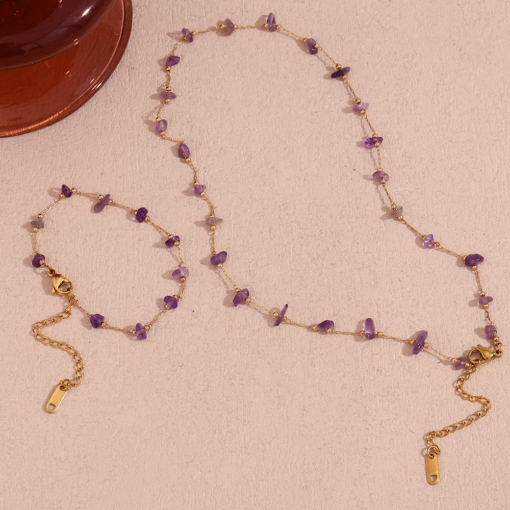 Stainless Steel 18K Gold Plating Amethyst Gravel Handmade Chain Necklace Bracelet For Women