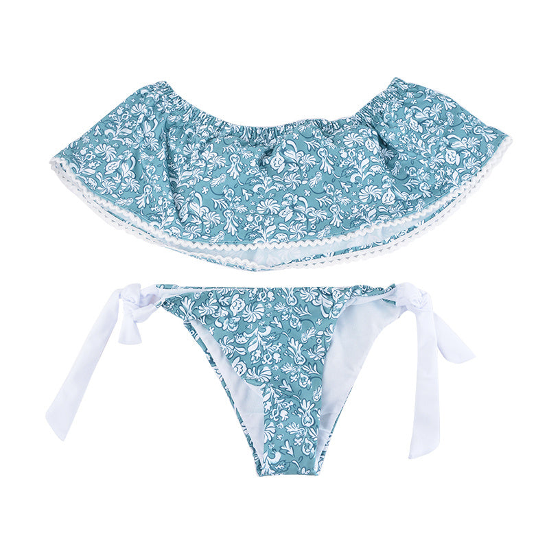 Azul claro patrón floral sin tirantes del hombro mujeres sexy hendidura bikini conjunto traje de baño mujeres playa traje de baño 