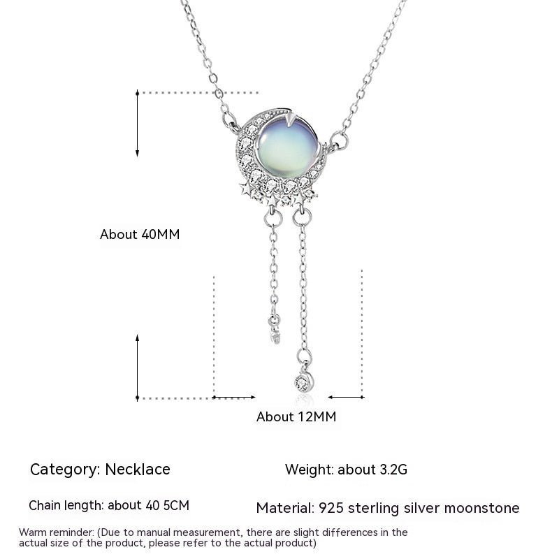 S925 argent Sterling Zirconium lune étoile pierre de lune collier gland
