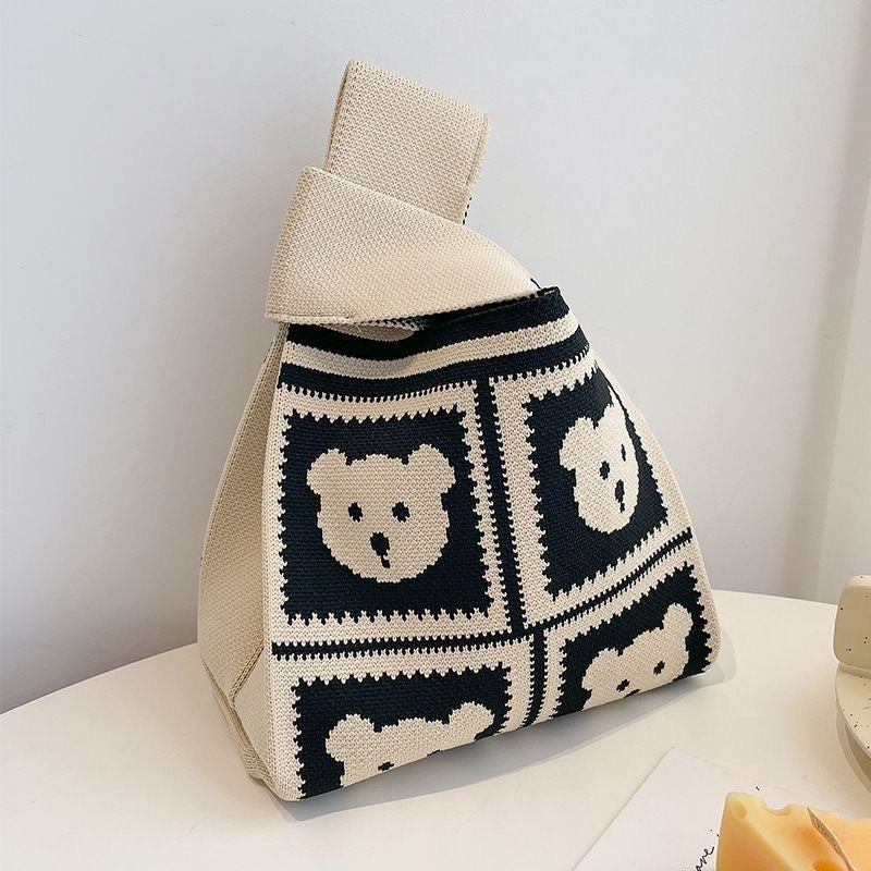 Sac à main de shopping tricoté en damier rayé de couleur contrastée