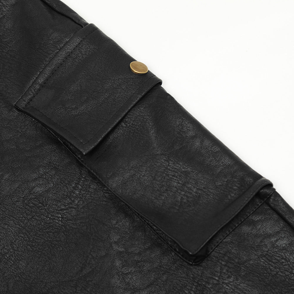 Loose Wide Leg Multi-pocket Workwear Leather Pants