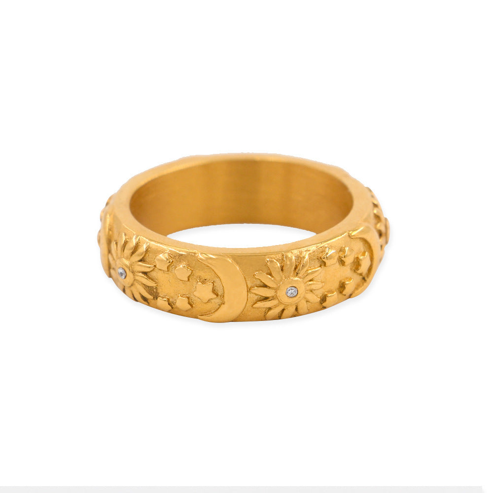 Sun Moon And Star Zircon Stainless Steel Ring