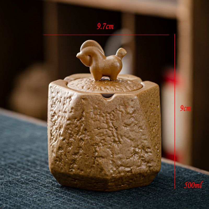 Cendrier en céramique doré en grès, grand cendrier rétro Anti-vol avec couvercle, pour la maison, le salon et le bureau