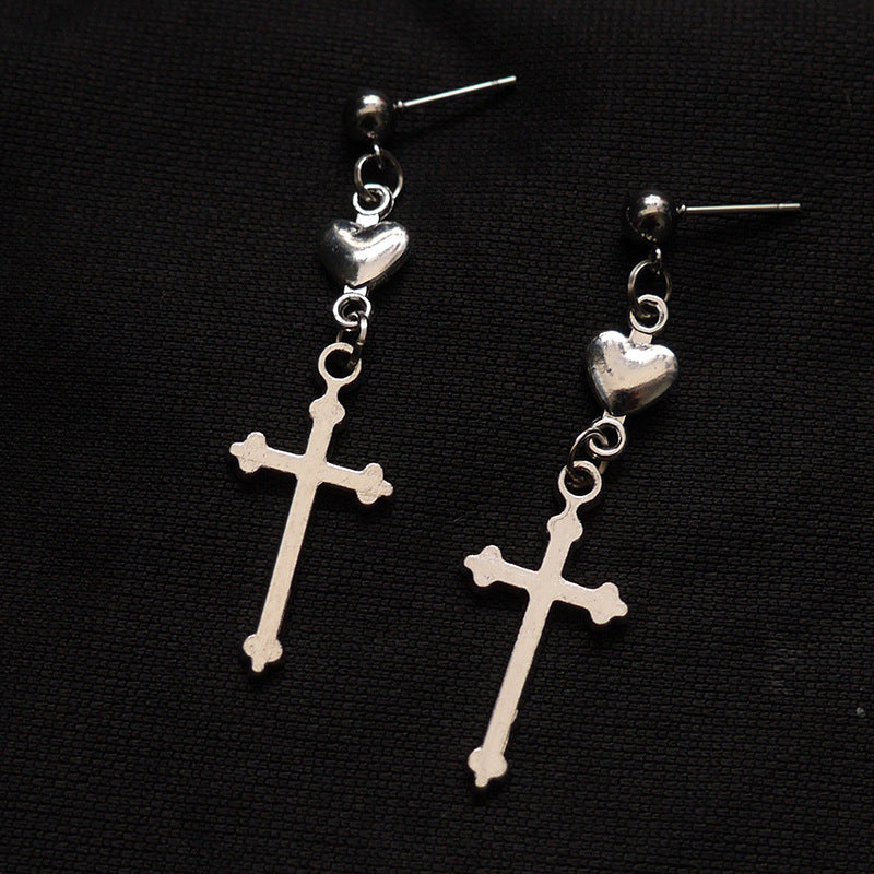 Boucles d'oreilles Vintage Cross Love Heart Foncé