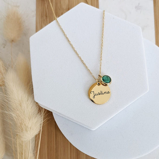 Collier à faire soi-même gravé avec disque en acier inoxydable avec pierre de naissance de 12 couleurs