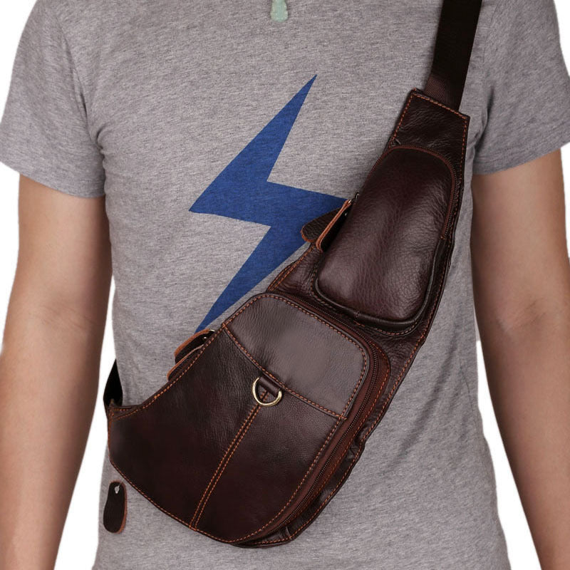Bolso de cuero para hombre en el pecho Cartera informal de piel de vaca de primera capa