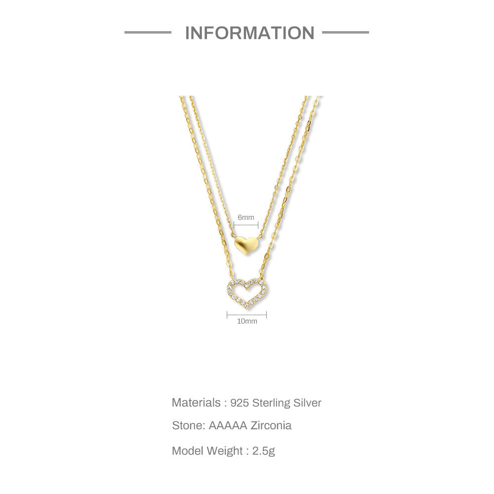 S925 Sterling Silver Ins Style Temperament Twin Hollow Heart Shape With Diamond