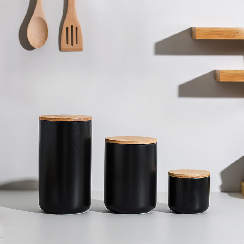 Pot de rangement scellé avec couvercle en bois et céramique de cuisine