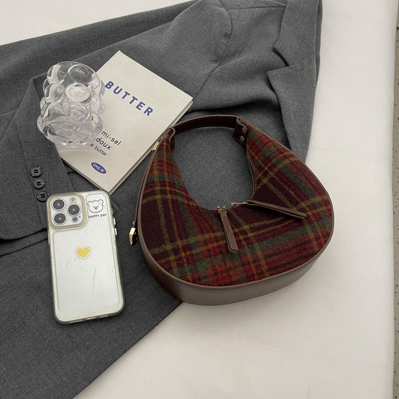 Women's Fashion Color Contrast Plaid Retro Hand Carrying Dumpling Bag