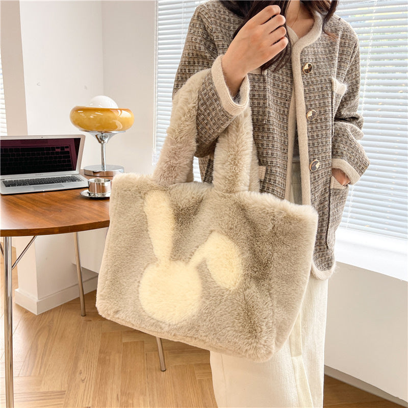Sac en peluche oreilles de lapin de dessin animé mignon, sac à bandoulière d'automne et d'hiver, sacs à main de Shopping grande capacité, fourre-tout personnalisé pour femmes