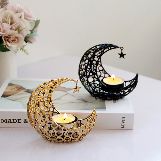 Luz de lujo luna creciente estrella Luna negro oro portavelas de Metal moderno romántico boda Navidad vela taza decoración del hogar