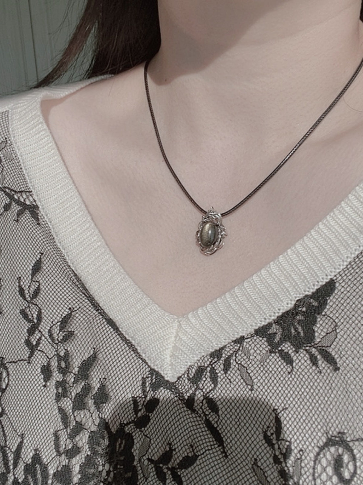 925 Thai Silver Natural Obsidian Pendant Necklace