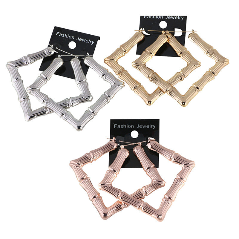 Boucles d'oreilles en bambou doré, grandes formes carrées exagérées, de forme européenne et américaine
