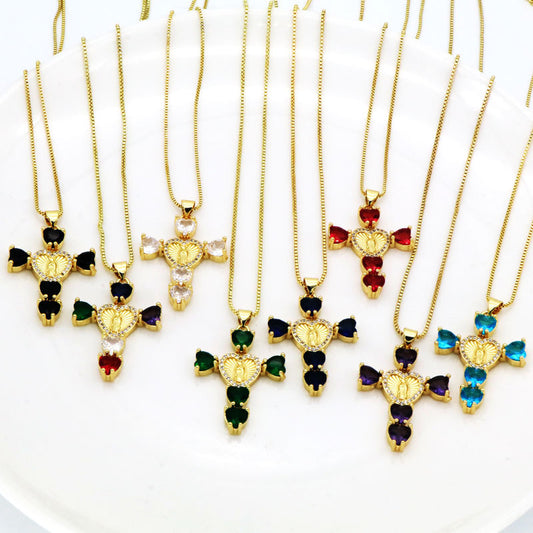 Hip-hop Fashion Inlaid Color Diamond Cross Love Virgin Mary Pendant Necklace For Women