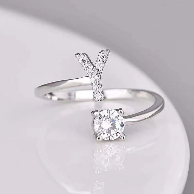 Female Stylish Adjustable Zircon 26 Letters Ring