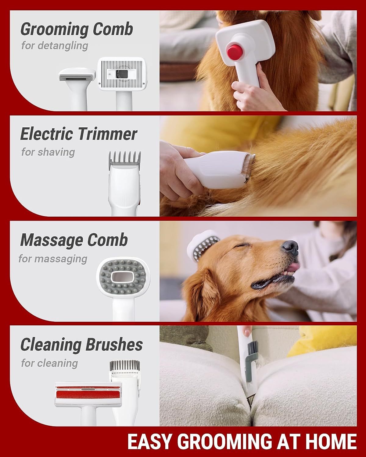 VacLife Aspirateur pour poils d'animaux avec tondeuse pour chien – Kit de toilettage polyvalent avec brosses et autres outils de toilettage pour chiens et chats – Faible bruit – Blanc et rouge
